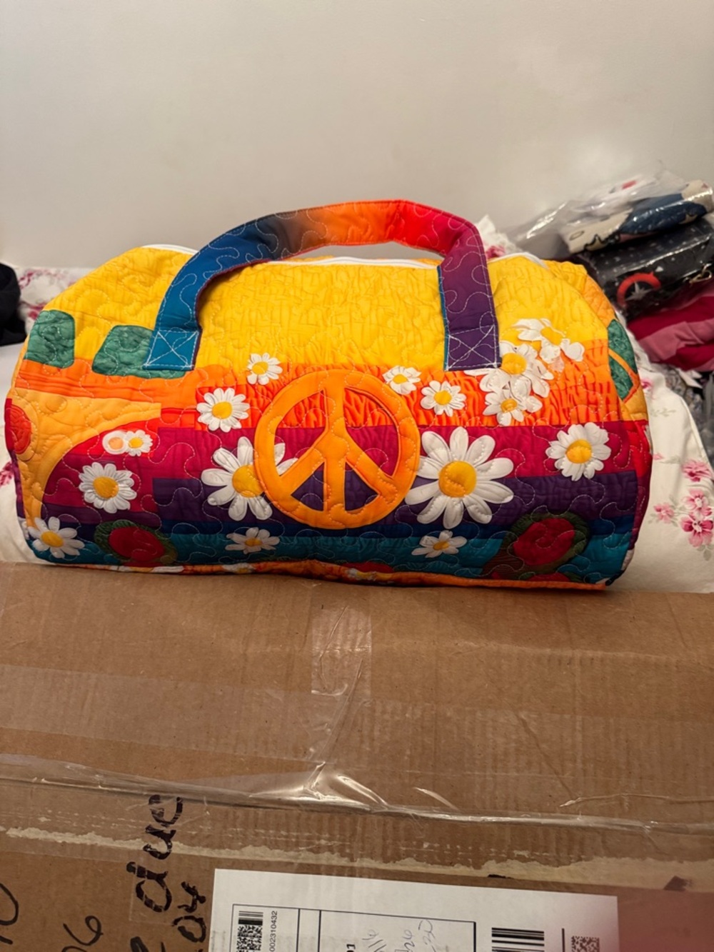 Retro Yellow Multicolor Quilted Tote / duffle bag with Peace Signs and Daisies…